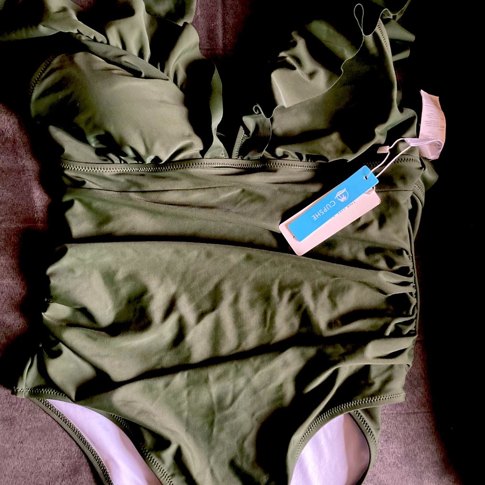 Olive green Ruched and Ruffled Cupshe onepiece. New with Tags.